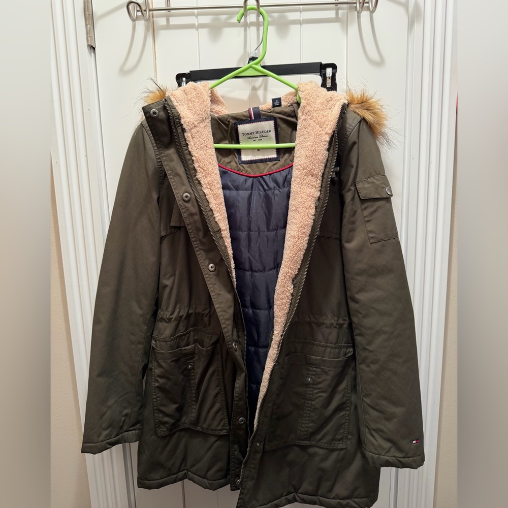 Tommy Hilfiger Women's Green Utility Jacket with Fur Hood